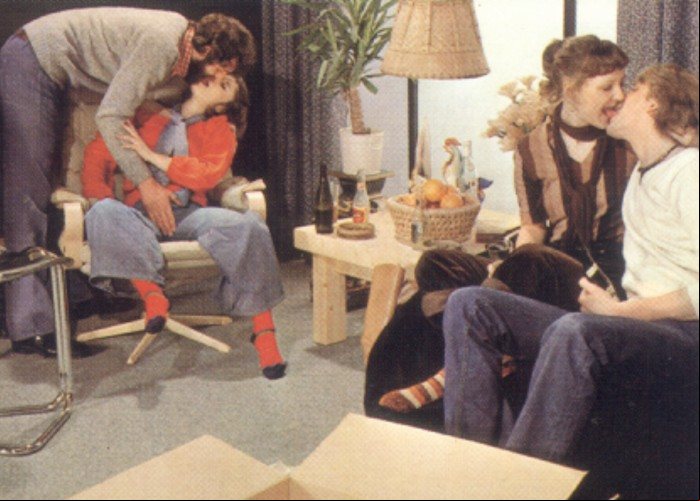 retro hairy vintage couples doing it all in a living room orgy